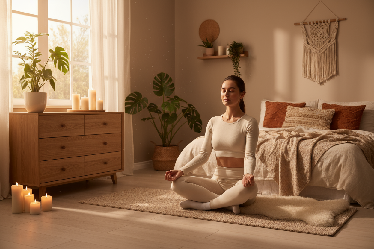 relaxed women doing yoga in her bedroom with candles